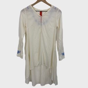 Ewa I Walla White Blue Floral Embroidered Long Cotton Tunic  XS